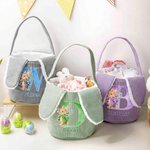 Personalized Cute Watercolor Bunny Corduroy Easter Basket with Name and Initial Outdoor Activities Easter Egg Hunting Gift for Kids 3
