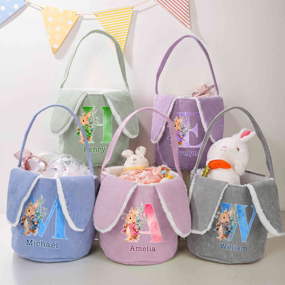 Personalized Cute Watercolor Bunny Corduroy Easter Basket with Name and Initial Outdoor Activities Easter Egg Hunting Gift for Kids 2
