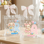 Personalisierte niedlich rosa blau Kaninchen kariert anfängliche klare Geschenktüte mit Namen und rosa Schleife Band Ostereierjagd Party Favors Geschenk für Kinder