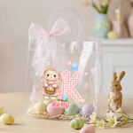 Personalized Cute Pink Blue Rabbit Checkered Initial Clear Gift Bag with Name and Pink Bow Ribbon Easter Egg Hunting Party Favors Gift for Kids