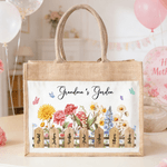 Personalised Watercolour Birth Flower Large Jute Tote Bag with 1-7 Names and Front Pocket Daily Use Mother's Day Gift for Mom Grandma