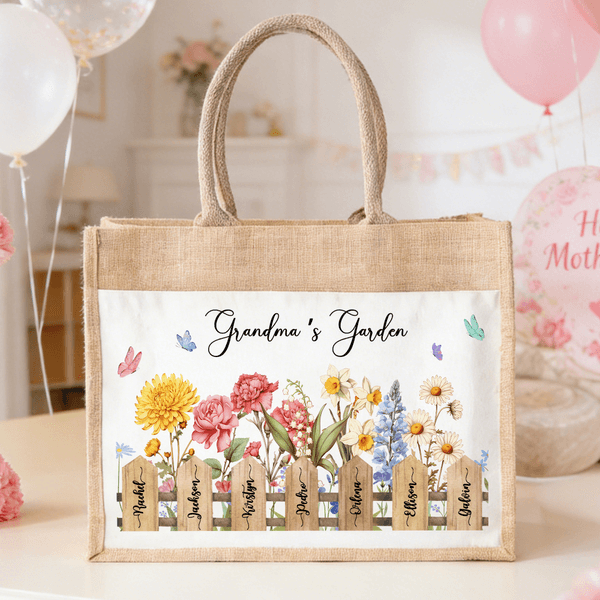 Personalized Watercolor Birth Flower Large Jute Tote Bag with 1-7 Names and Front Pocket Daily Use Mother's Day Gift for Mom Grandma