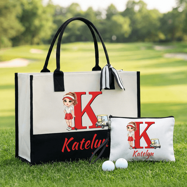 Personalised Cartoon Golf Character Large Tote Bag Portable Makeup Bag with Initial and Name Birthday Gift for Women Golf Lovers