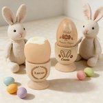 Coquetier en bois personnalisé avec nom et design de lapin gravés - Cadeau de Pâques pour les enfants et la famille