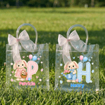 Personalized Cute Pink Blue Rabbit Checkered Initial Clear Gift Bag with Name and Pink Bow Ribbon Easter Egg Hunting Party Favors Gift for Kids
