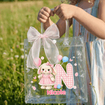 Personalized Cute Pink Blue Rabbit Checkered Initial Clear Gift Bag with Name and Pink Bow Ribbon Easter Egg Hunting Party Favors Gift for Kids