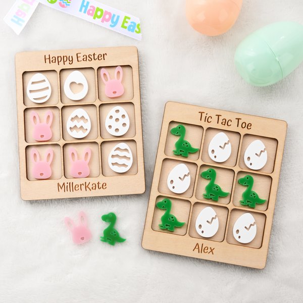 Personalized Cute Easter Bunny Dinosaur Egg Wooden Tic Tac Toe Board with Name Basket Filling Party Game Easter Gift for Kids