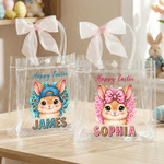 Personalizado Feliz Pascua lindo conejito rosa bolsa de regalo de Pascua de la cinta con el nombre de uso diario de Pascua de regalo para las niñas de la familia