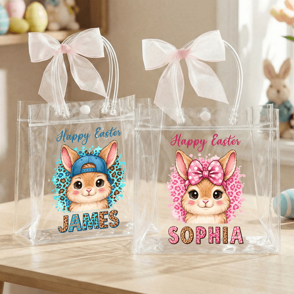 Personalizado Feliz Pascua lindo conejito rosa bolsa de regalo de Pascua de la cinta con el nombre de uso diario de Pascua de regalo para las niñas de la familia