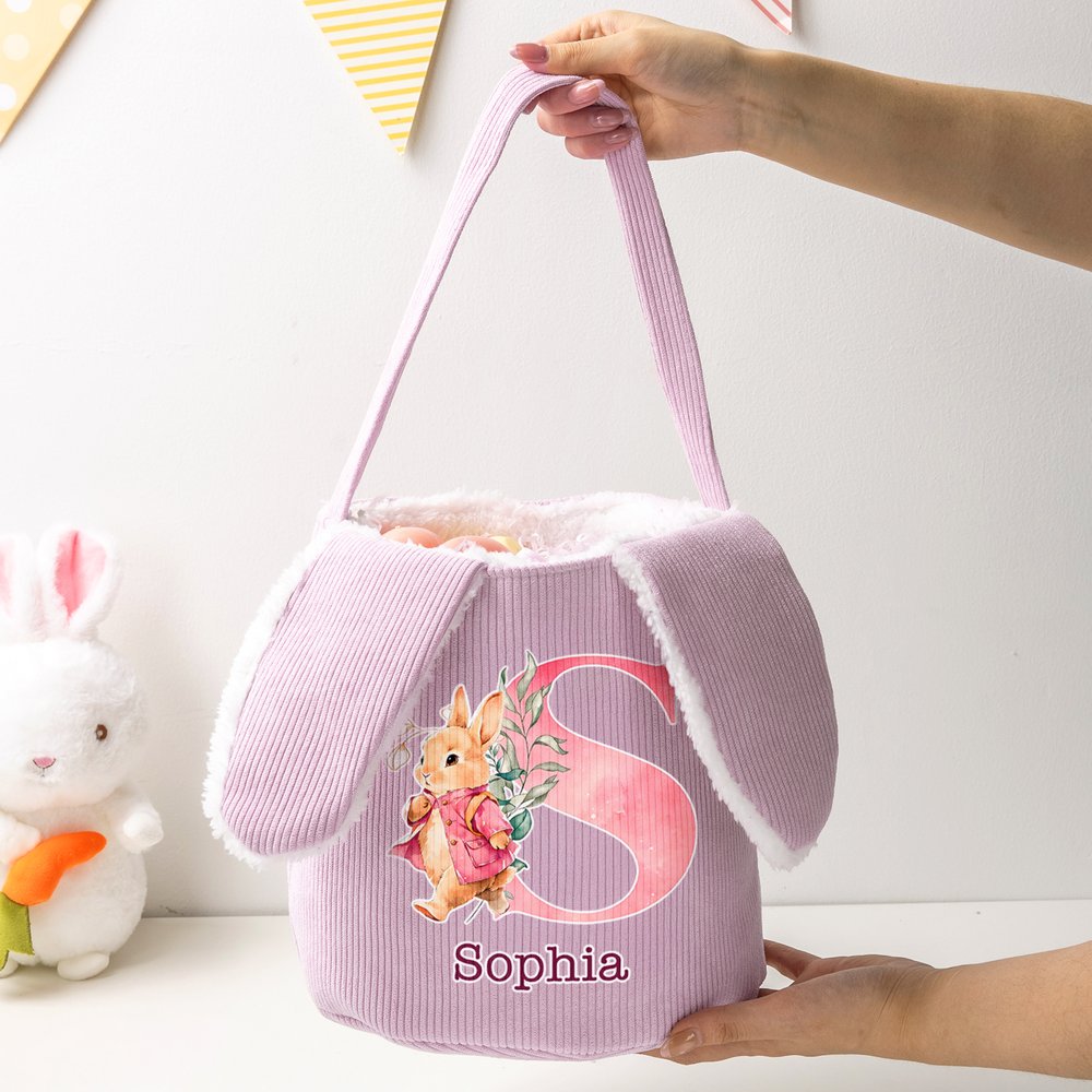 Personalized Cute Watercolor Bunny Corduroy Easter Basket with Name and Initial Outdoor Activities Easter Egg Hunting Gift for Kids 4