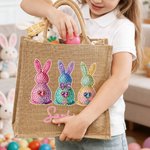 Borsa di iuta grande con nome, personalizzata con disegno a diamante e effetto cuore di coniglio, regalo di Pasqua per bambini e famiglie.