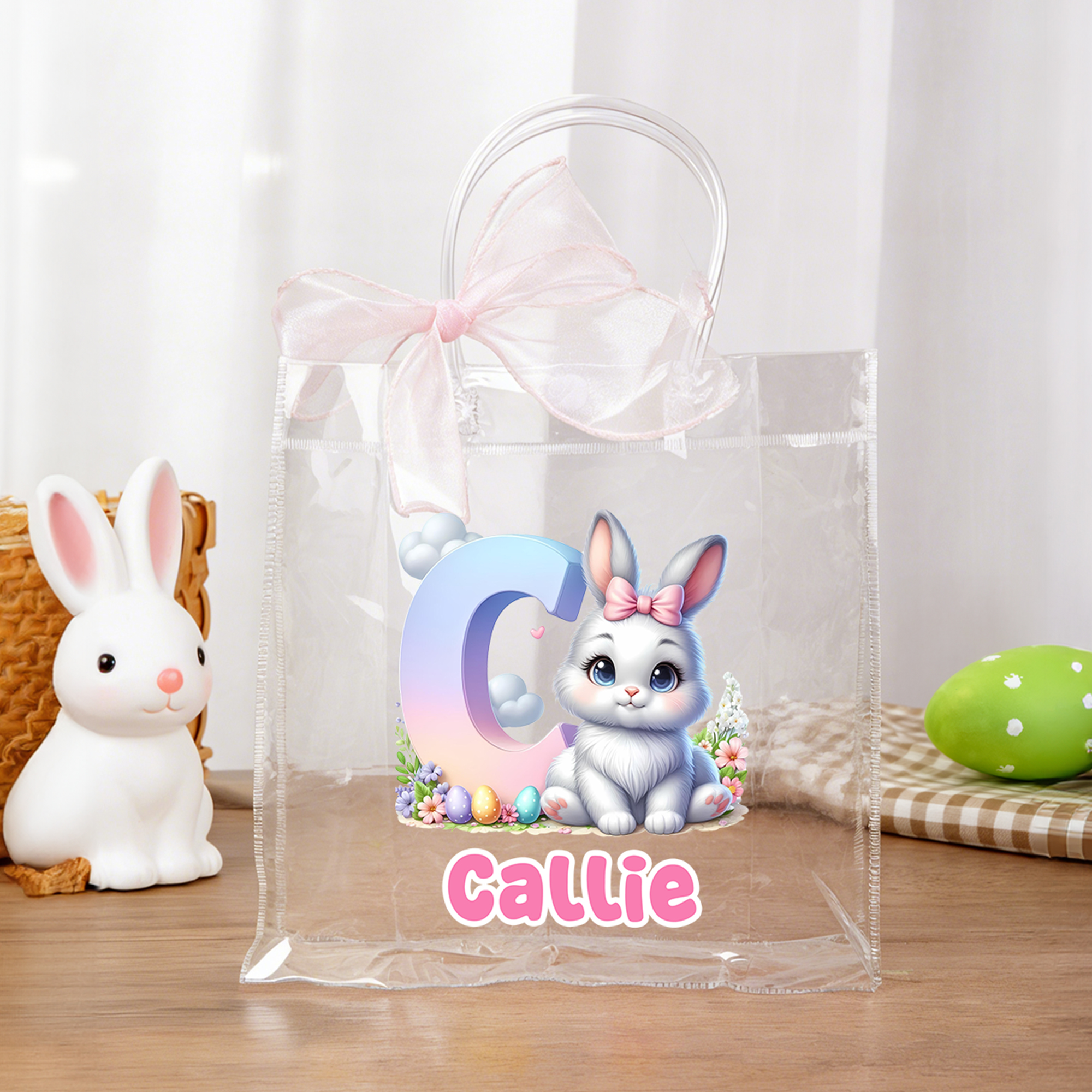 Personalisierte niedliche Osterhase klare Geschenktüte mit Namen und Initialen Ostern Party Favors Geschenk für Kind