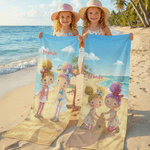 Personalised Beach Scenery Cartoon Girls Quick Dry Oversized Beach Towel with Name Travel Essentials Birthday Gift for Besties Sisters Friends