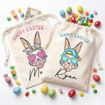 Personalized Happy Easter Cartoon Bunny Canvas Drawstring Gift Bag with Name Easter Hunting Party Gift for Boys Girls