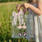 Personalizzato nastro rosa arco coniglietto orecchie sacchetto trasparente con nome uova caccia partito favore regalo di Pasqua per ragazzi ragazze