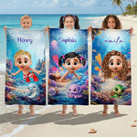 Serviette de plage personnalisée en microfibre avec nom, avec personnage de plongée en 3D, animal marin, à séchage rapide Cadeau d'anniversaire pour enfants et adultes