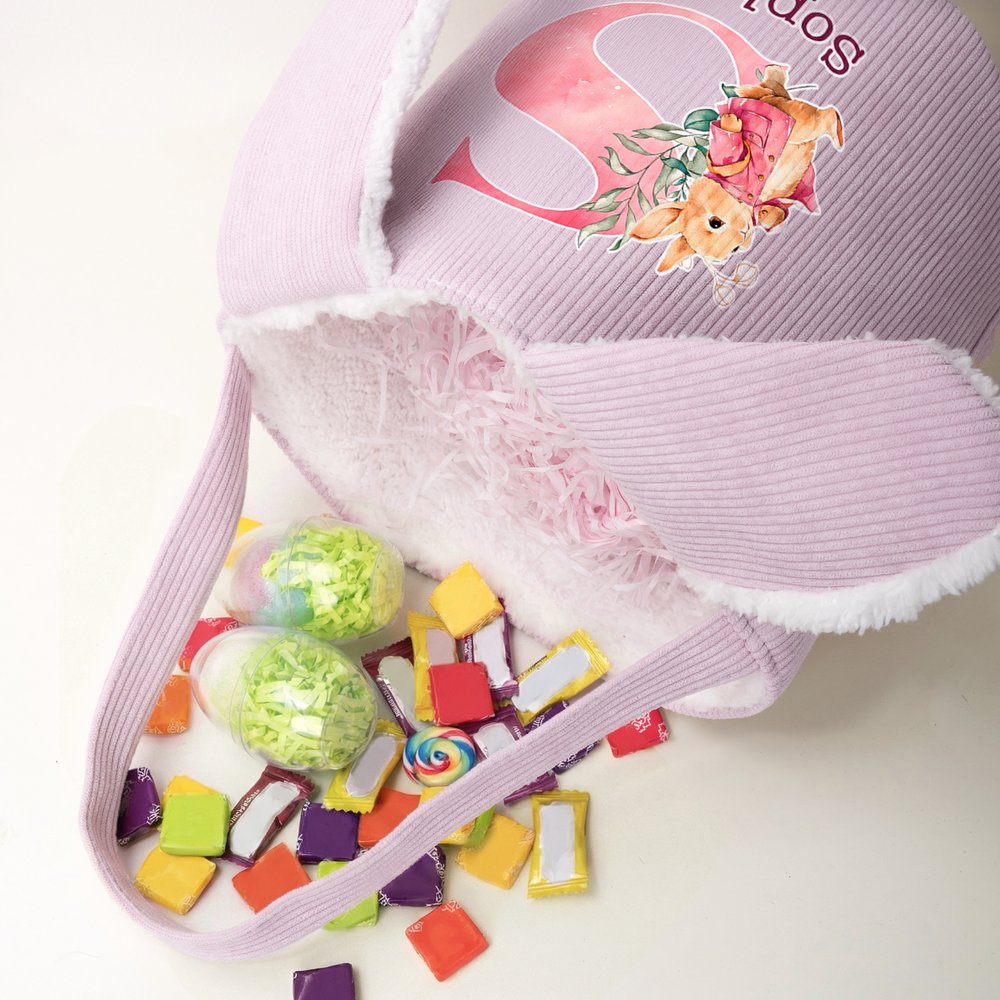 Personalized Cute Watercolor Bunny Corduroy Easter Basket with Name and Initial Outdoor Activities Easter Egg Hunting Gift for Kids 5