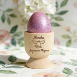 Coquetier en bois personnalisé avec nom et design de lapin gravés - Cadeau de Pâques pour les enfants et la famille