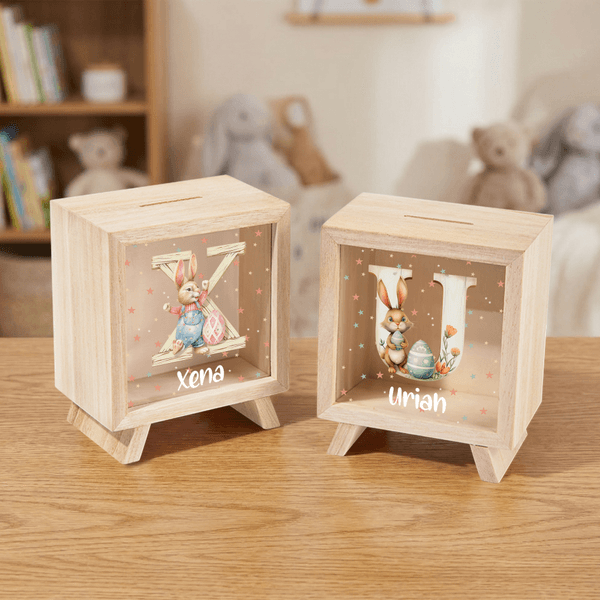 Personalized Cute Rabbit Easter Wooden Money Box Piggy Bank with Name Daily Savings Easter Gift for Boys Girls
