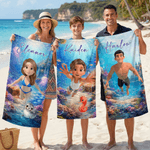 Serviette de plage personnalisée avec personnage de plongée 3D et nom - Microfibre à séchage rapide - Cadeau d’anniversaire pour enfant et adulte