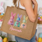 Borsa di iuta grande con nome, personalizzata con disegno a diamante e effetto cuore di coniglio, regalo di Pasqua per bambini e famiglie.