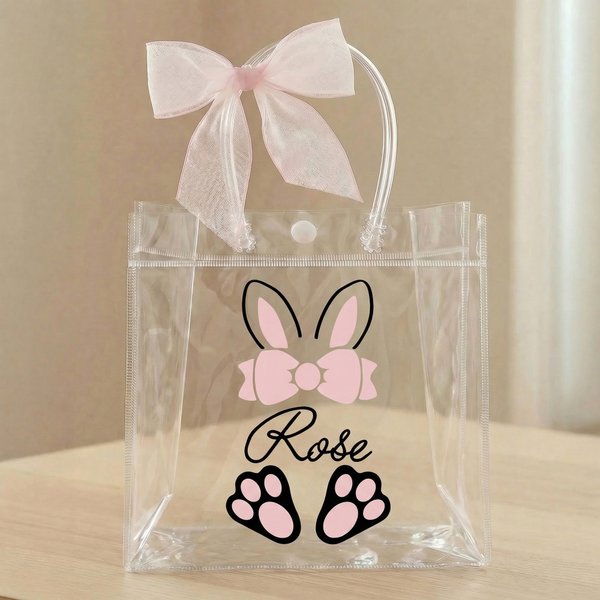 Personalized Pink Ribbon Bow Bunny Ears Transparent Bag with Name Eggs Hunting Party Favor Easter Gift for Boys Girls