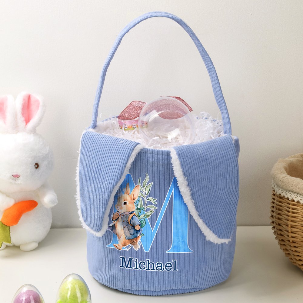 Personalized Cute Watercolor Bunny Corduroy Easter Basket with Name and Initial Outdoor Activities Easter Egg Hunting Gift for Kids 8