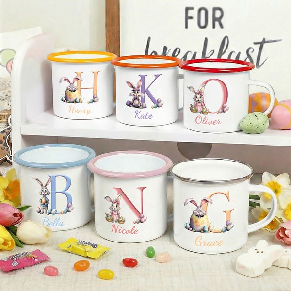 Personalised Cute Bunny Easter Eggs Initial 12 oz Enamel Mug with Name Easter Party Gift for Boys Girls