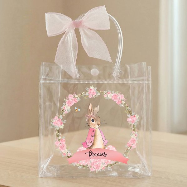 Personalized Beatrix Potter Peter Rabbit Wreath Transparent Tote Bag with Pink Bow and Name Eggs Hunting Party Easter Gift for Boys Girls