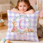 Personalised Cute Bunny Wreath Grid Soft Cushion Cover with Name Room Decor Easter Party Gift for Boys Girls