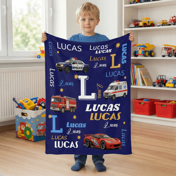 Personalized Cartoon Police Car Fire Truck Ambulance Multicolor  Soft Throw Blanket with Name Home Decor Daily Use Birthday Gift for Children