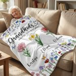 Personalized 1-6 Crystal Birth Flowers Soft Throw Blanket with Names Home Decor Mother's Day Gift for Grandma