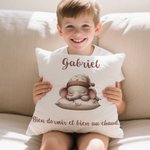 Housse d'Oreiller Personnalisée avec Nom Date Texte et Motif Lapin Ours Dormant Animal Doux Décoration d'Intérieur Cadeau d'Anniversaire pour Enfants