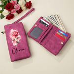 Personalized Birth Flower PU Leather Tri-Fold Wallet with Wrist Strap and Name Mother's Day Birthday Gift for Mom Grandmother
