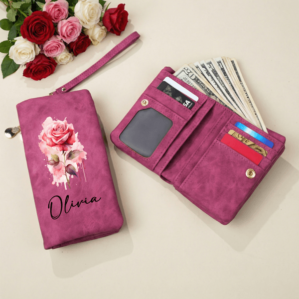 Personalised Birth Flower PU Leather Tri-Fold Wallet with Wrist Strap and Name Mother's Day Birthday Gift for Mom Grandmother