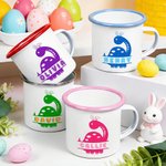 Tazza smaltata personalizzata con nome e orecchie di coniglio Dinosauro da 12 once, regalo per il giorno di Pasqua per i bambini amanti dei dinosauri