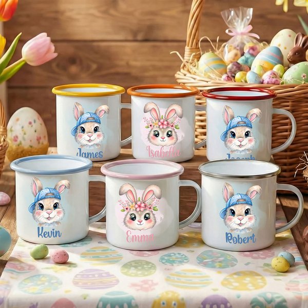 Personalised Cute Rabbit Enamel Cup Ceramic Mug with Name Daily Drinking Easter Gift for Family Boys Girls