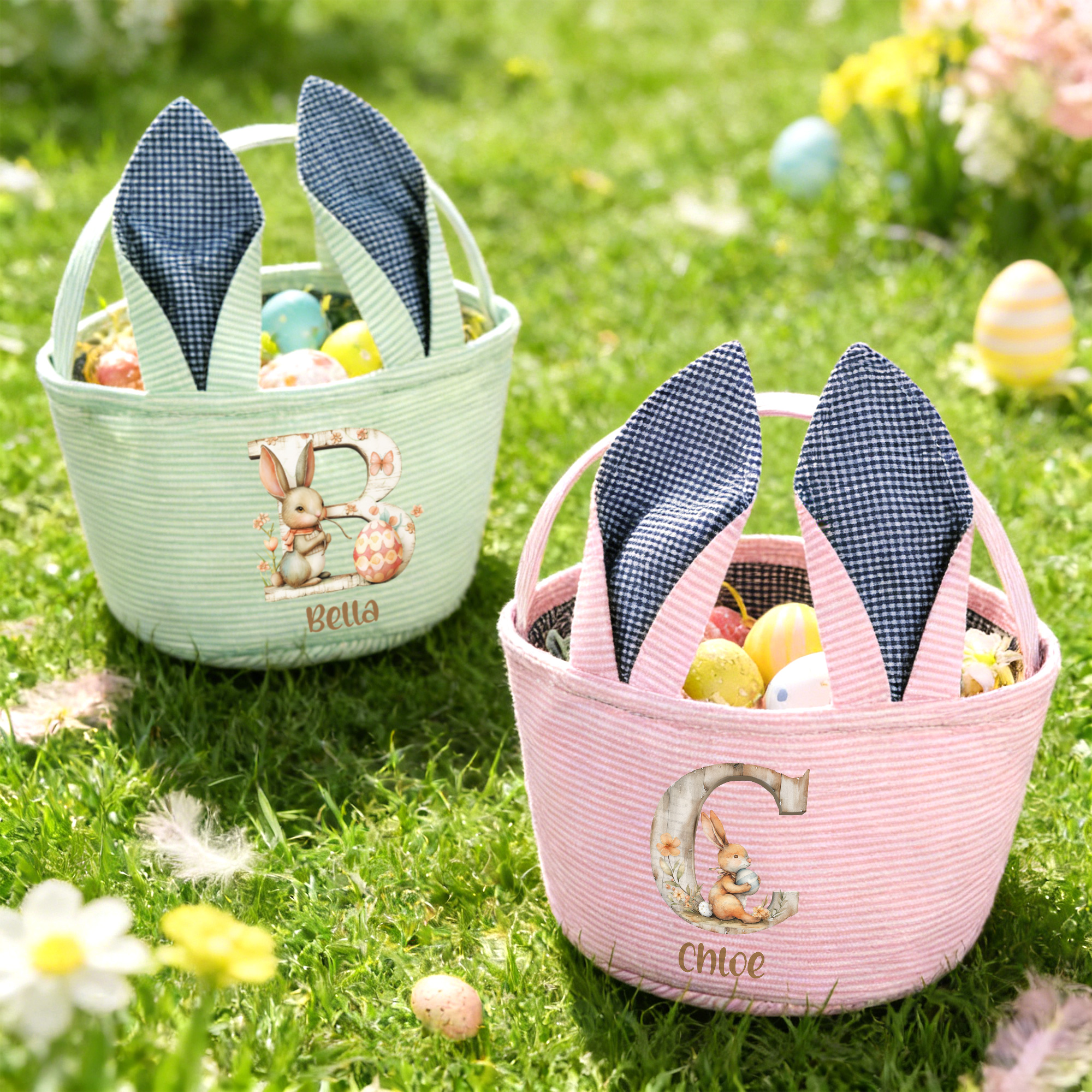 Personalisierte niedliche Kaninchen große Kapazität gestreiften Osterkorb mit Hasenohren Initiale und Name Eier Jagd Party Ostergeschenk für Jungen Mädchen