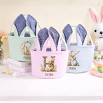 Spersonalizowany koszyk wielkanocny w paski z imieniem i inicjałami oraz imieniem Królika na Wielkanoc dla chłopców i dziewczynek