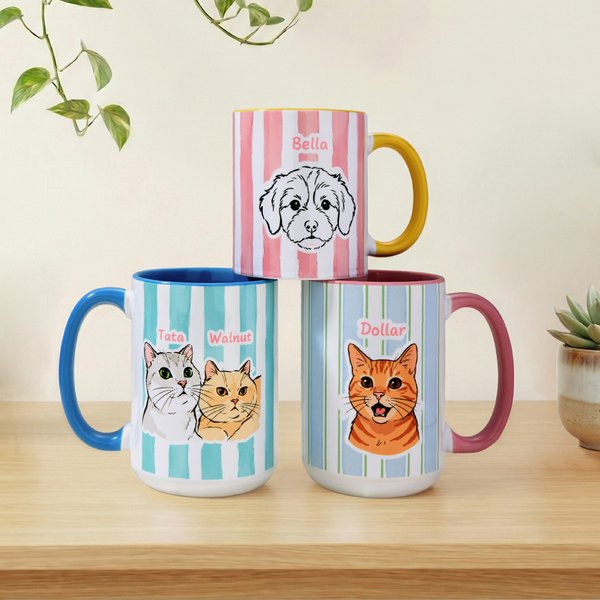 Tazza di ceramica a strisce con disegno acquerello personalizzato con foto dell'animale domestico e nome Regalo di ricordo dell'animale domestico per l'amante del proprietario dell'animale domestico