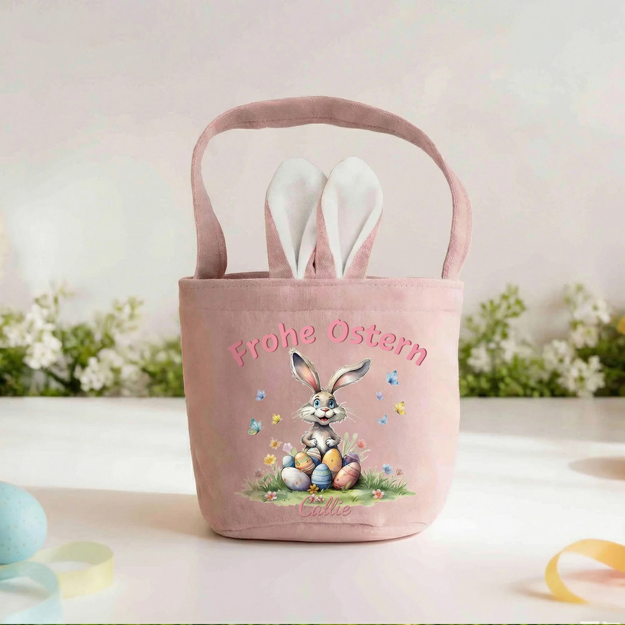 Personalisierter Frohe Ostern Osterkorb mit Hasenohren Schwanz Text und Namen Ostern Party Geschenk für Jungen Mädchen