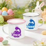Tazza smaltata personalizzata con nome e orecchie di coniglio Dinosauro da 12 once, regalo per il giorno di Pasqua per i bambini amanti dei dinosauri
