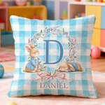 Personalised Cute Bunny Wreath Grid Soft Cushion Cover with Name Room Decor Easter Party Gift for Boys Girls