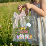 Personalized Pink Bow Ribbon Rabbit Ears Clear Gift Bag with Name Easter Party Favors Gift for Kids