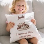 Housse d'Oreiller Personnalisée avec Nom Date Texte et Motif Lapin Ours Dormant Animal Doux Décoration d'Intérieur Cadeau d'Anniversaire pour Enfants