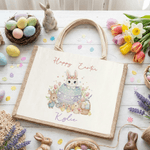 Personalizzato Uovo di coniglio carino Borsa di iuta grande con nome Regalo di festa per bambini e bambine a caccia di uova di Pasqua