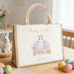 Personalizzato Uovo di coniglio carino Borsa di iuta grande con nome Regalo di festa per bambini e bambine a caccia di uova di Pasqua