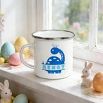 Tazza smaltata personalizzata con nome e orecchie di coniglio Dinosauro da 12 once, regalo per il giorno di Pasqua per i bambini amanti dei dinosauri