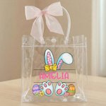 Personalized Pink Bow Ribbon Rabbit Ears Clear Gift Bag with Name Easter Party Favors Gift for Kids