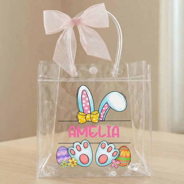 Personalized Pink Bow Ribbon Rabbit Ears Clear Gift Bag with Name Easter Party Favors Gift for Kids